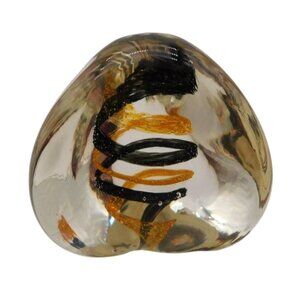 Caithness Glass Scotland Pebble Freeform Art Glass Paperweight Black Gold Signed